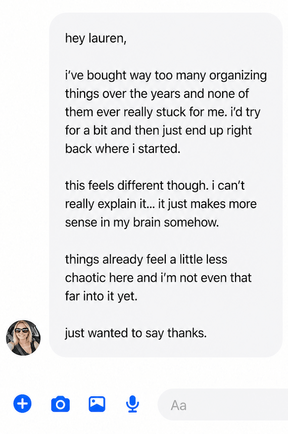 DM testimonial about laundry section making her cry in a good way